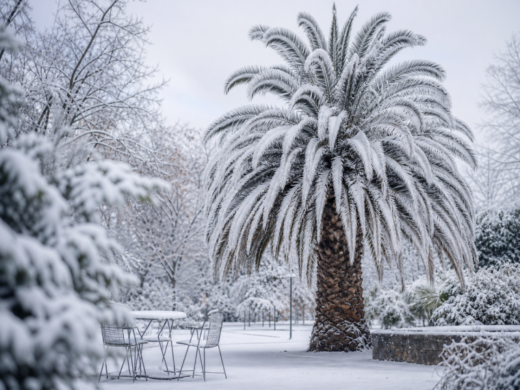 Palmier résistant au gel recouvert de neige dans un parc en hiver, espèce rustique pour jardins français