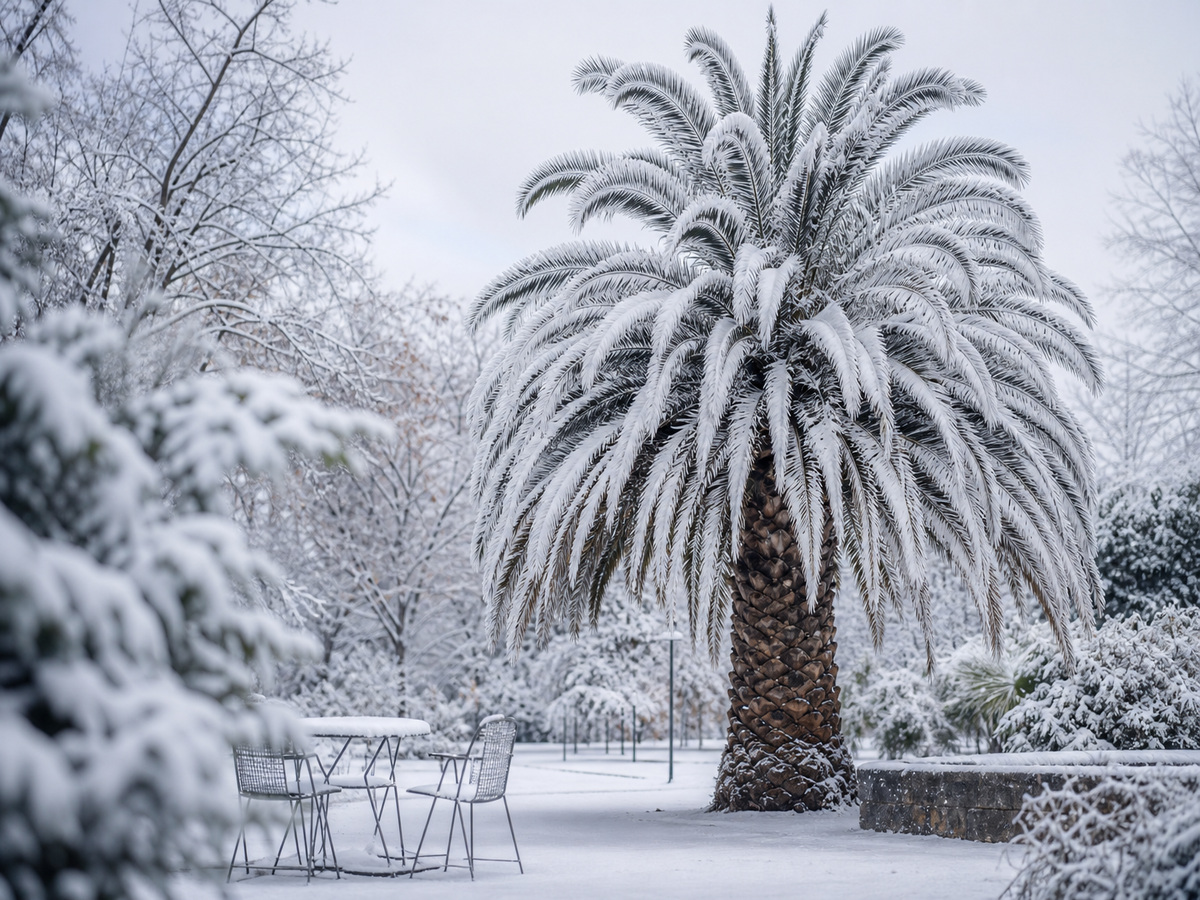 Palmier résistant au gel recouvert de neige dans un parc en hiver, espèce rustique pour jardins français
