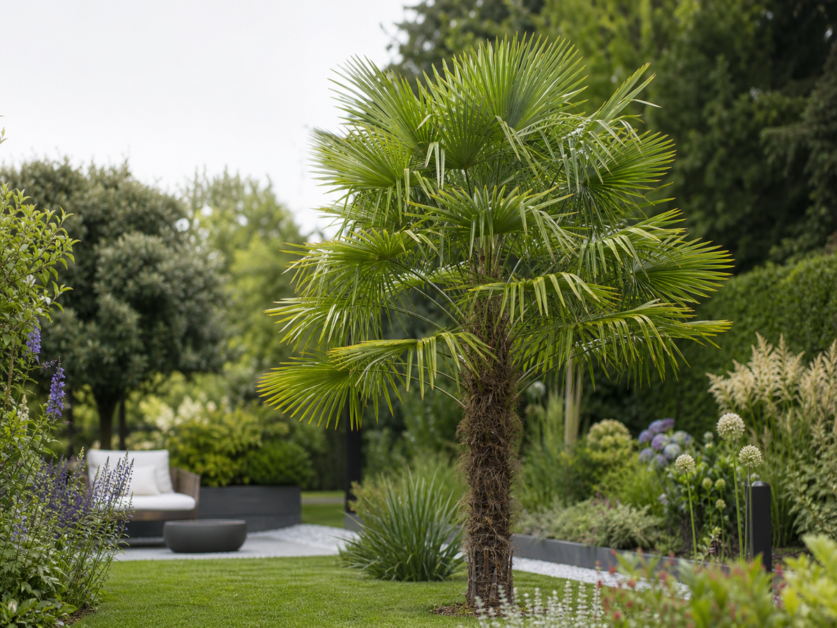 Trachycarpus fortunei palmier de Chine dans un jardin luxuriant, résistant au froid en France