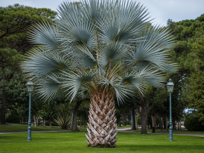 Brahea armata palmier bleu aux grandes feuilles argentées en éventail dans un parc, résistant au gel