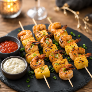 Brochettes de crevettes et ananas grillés sur ardoise avec sauces cocktail, entrée chic pour le réveillon du 31 décembre