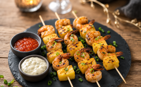 Brochettes de crevettes et ananas grillés sur ardoise avec sauces cocktail, entrée chic pour le réveillon du 31 décembre