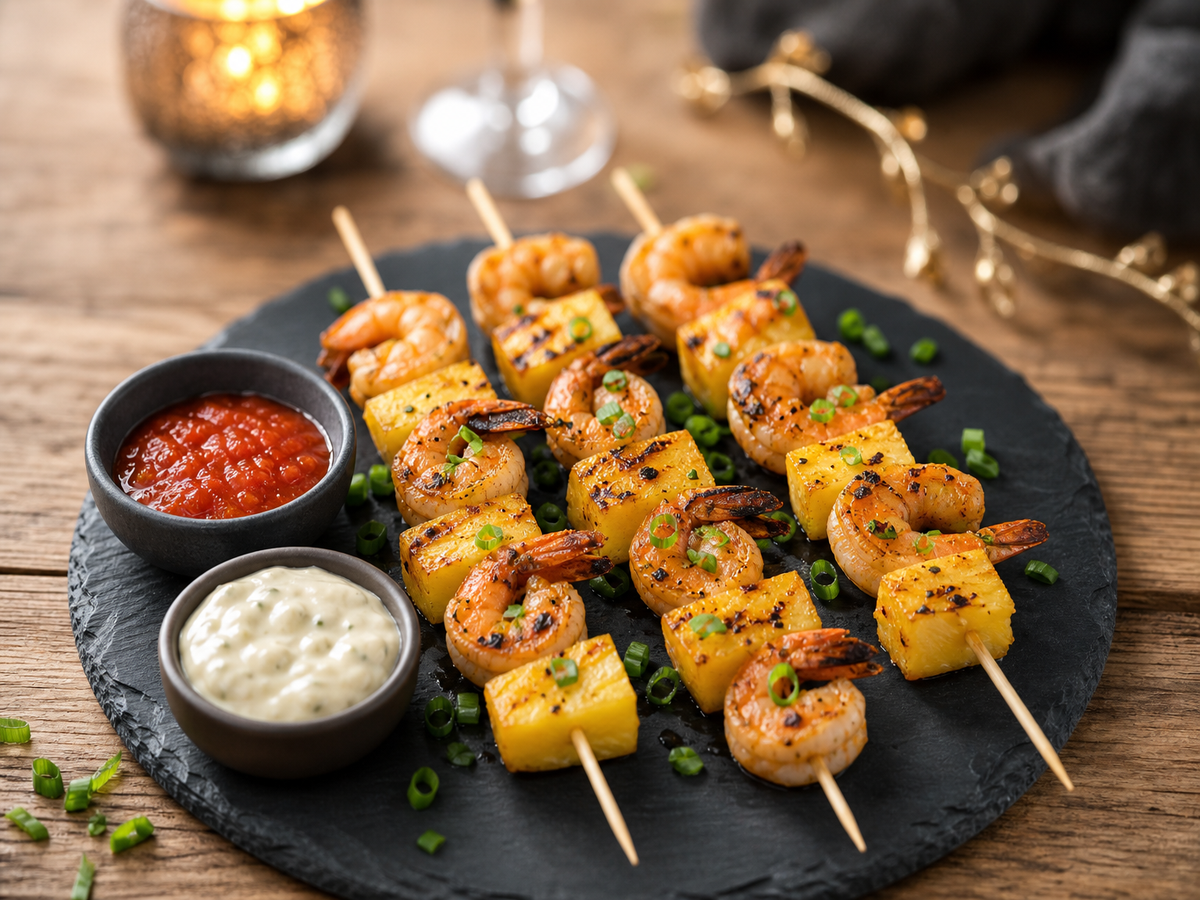Brochettes de crevettes et ananas grillés sur ardoise avec sauces cocktail, entrée chic pour le réveillon du 31 décembre