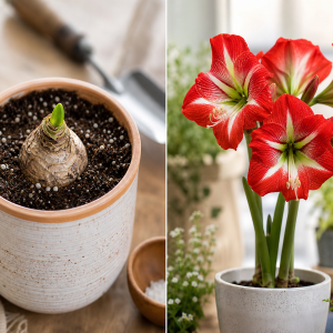 Bulbe d'amaryllis en pot avec jeune pousse naissante et amaryllis rouge en pleine floraison