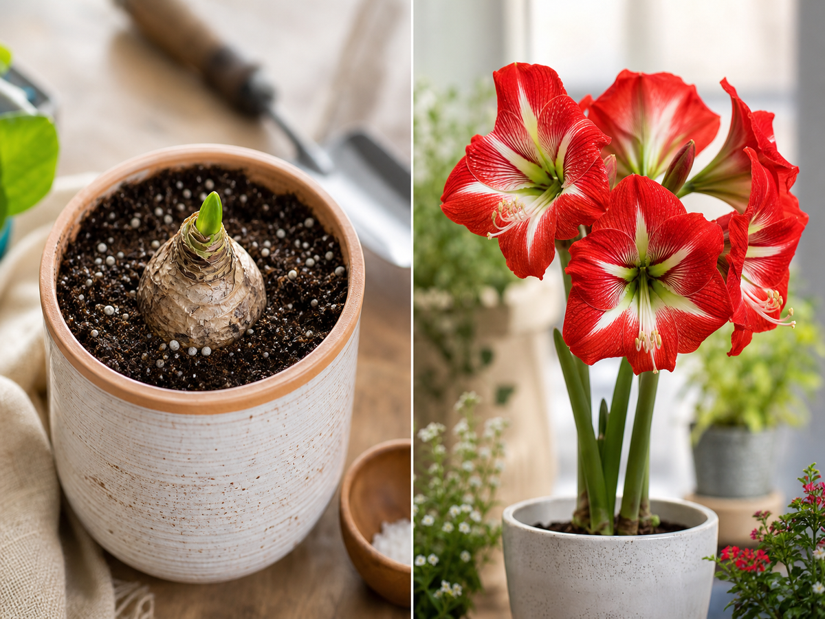 Bulbe d'amaryllis en pot avec jeune pousse naissante et amaryllis rouge en pleine floraison