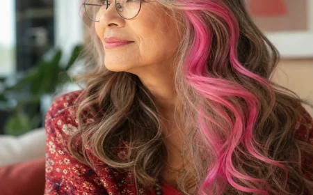coiffure femme 70 ans avec lunettes coloration tendance cheveux longs avec frange rideau mèches viva magenta