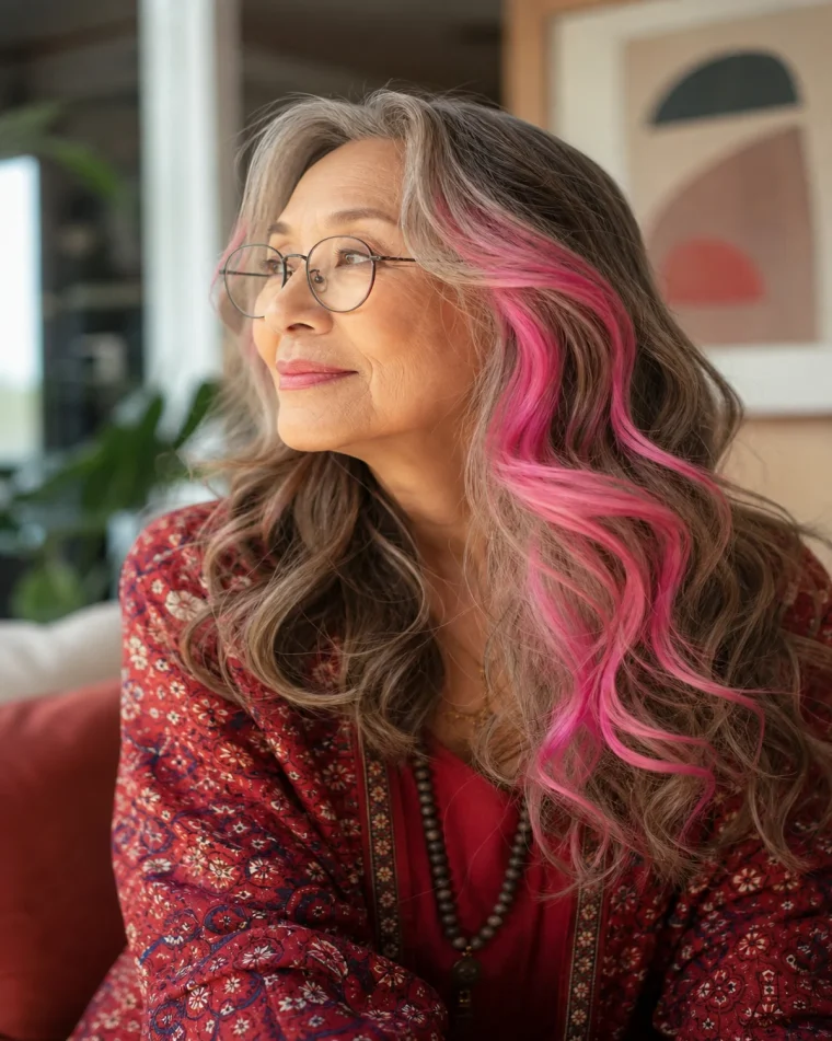 coiffure femme 70 ans avec lunettes coloration tendance cheveux longs avec frange rideau mèches viva magenta