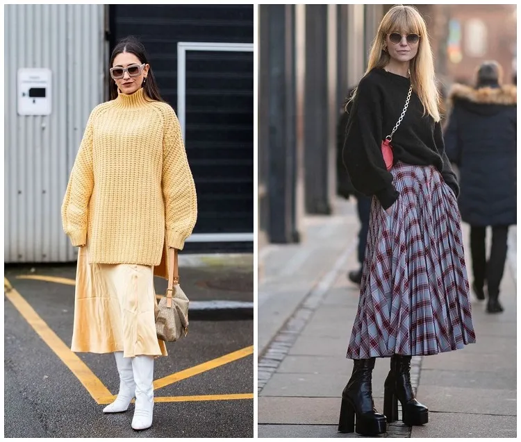 comment porter un pull trop grand femme oversize avec jupe tendances mode hiver 2023