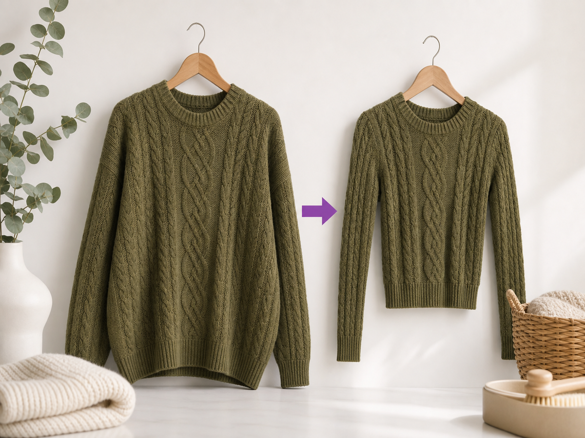 Pull en laine rétréci avant après comparaison taille