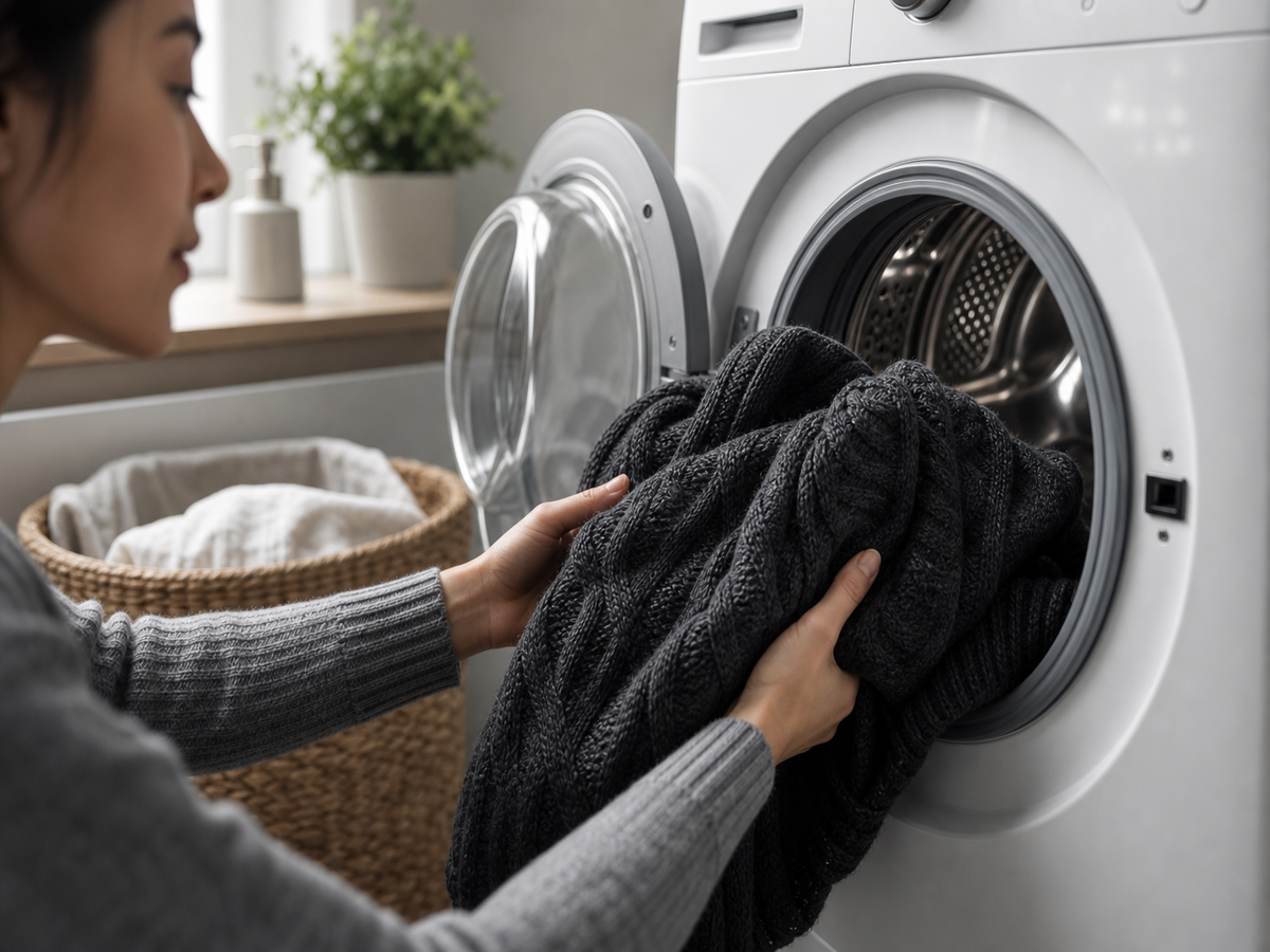 Pull en laine gris foncé mis dans le tambour d'un lave-linge pour rétrécir