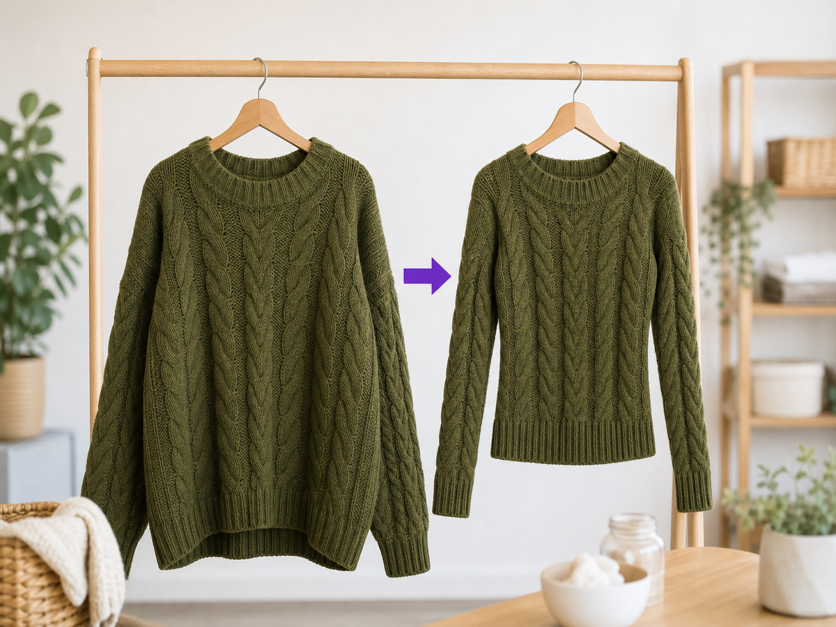 Comparaison avant après pull en cachemire rétréci sur cintre fond blanc