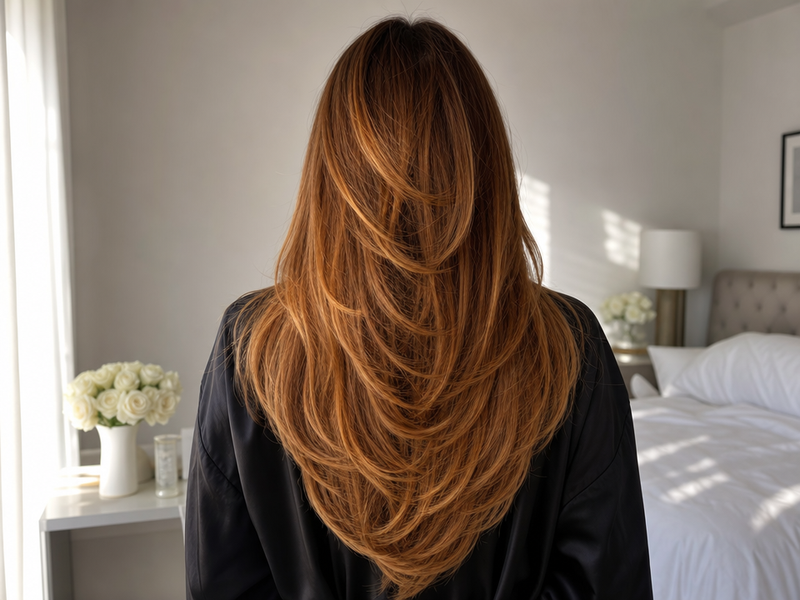 Comment réaliser une coupe en V à la maison, cheveux longs miel dégradé en plumes