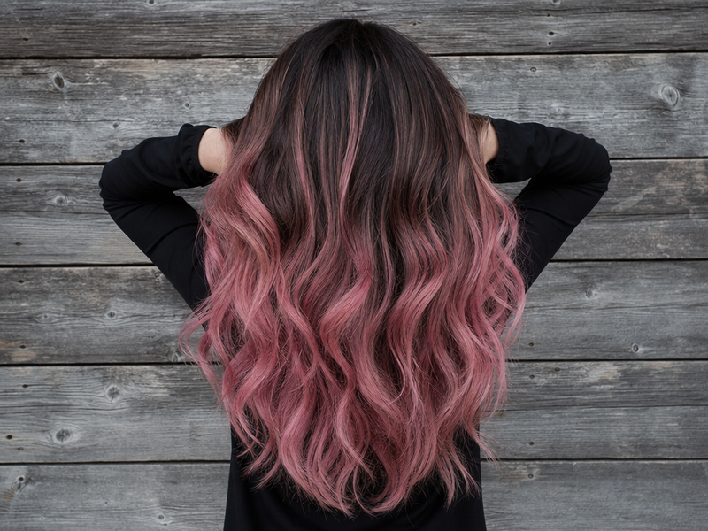 Balayage rose sur cheveux bruns, coupe en V longue avec boucles amples, tendance colorisation