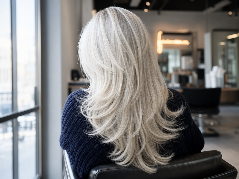 Coupe dégradée cheveux blonds platine, longue chevelure effilée, look moderne 2023