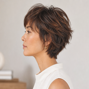 Coupe courte effilée femme 50 ans – bob volumisé brun auburn avec frange balayée