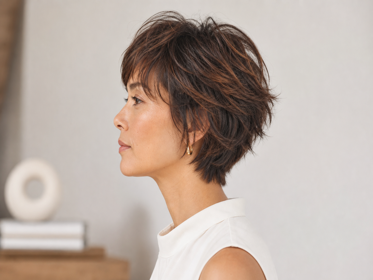 Coupe courte effilée femme 50 ans – bob volumisé brun auburn avec frange balayée