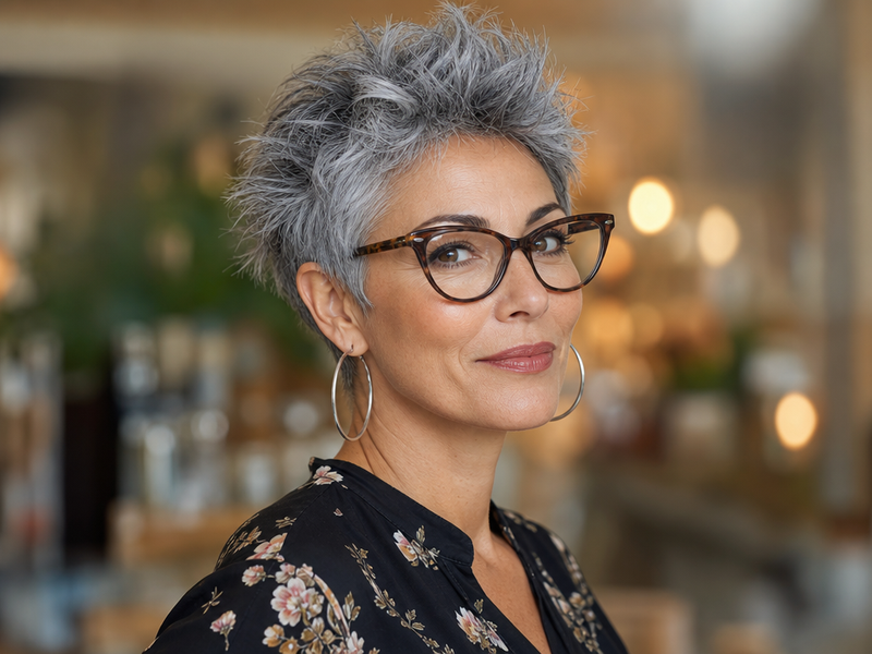 idee coupe courte effilée femme 50 60 ans cheveux gris avec lunettes
