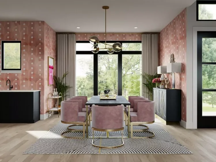 decoração da sala de jantar da moda 2023 poltronas de veludo rosa papel de parede de pernas de latão