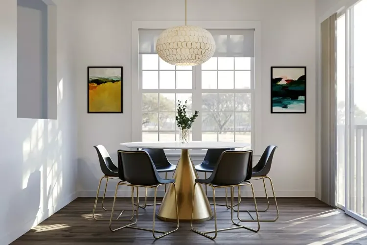 decoração pequena sala de jantar chique 2023 mesa redonda latão cônico pé central