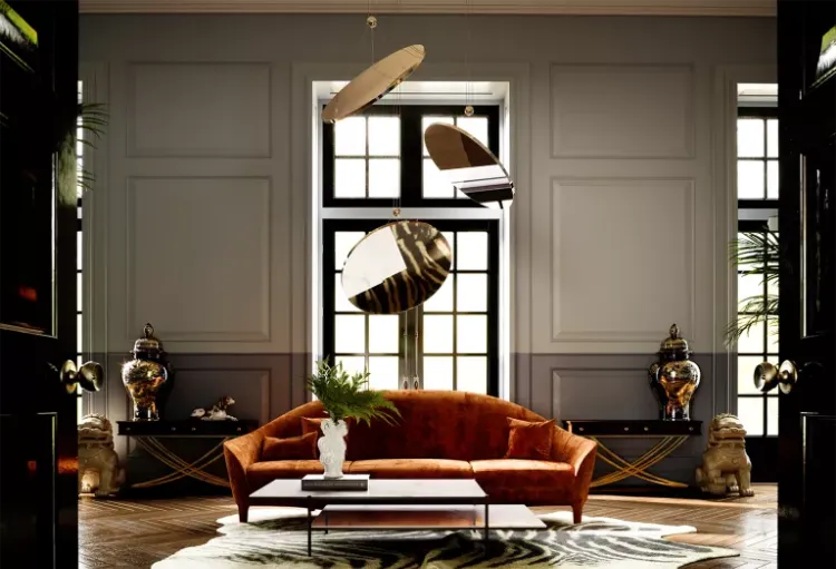 iluminação da sala de estar 2023 tendência design exclusivo placas de latão espelhado efeito atraente