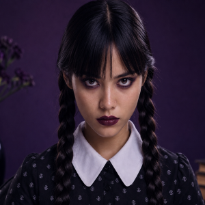 Maquillage Mercredi Addams : look soft goth avec tresses noires, yeux sombres et lèvres bordeaux
