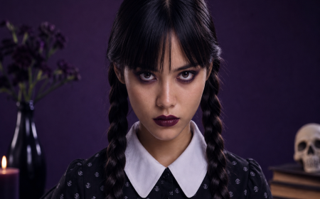 Maquillage Mercredi Addams : look soft goth avec tresses noires, yeux sombres et lèvres bordeaux