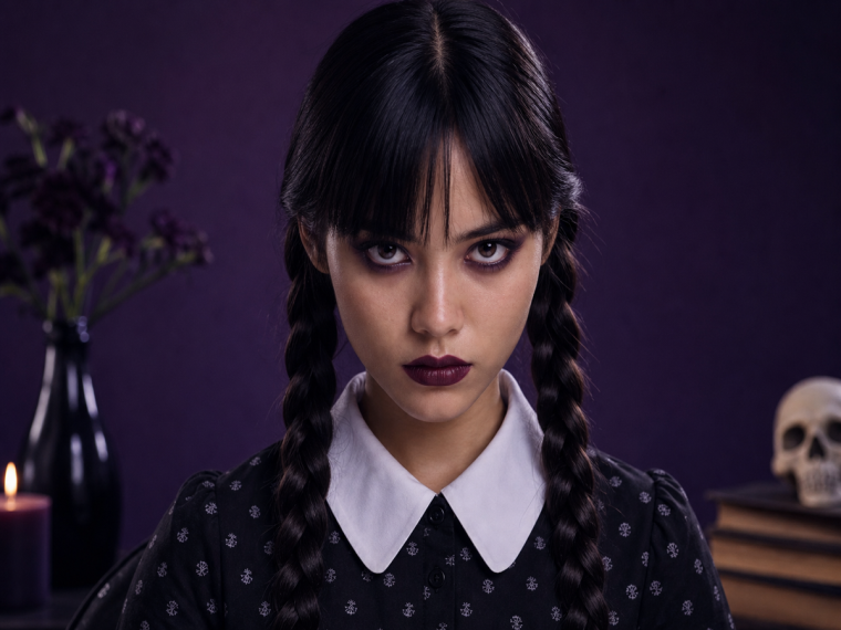 Maquillage Mercredi Addams : look soft goth avec tresses noires, yeux sombres et lèvres bordeaux