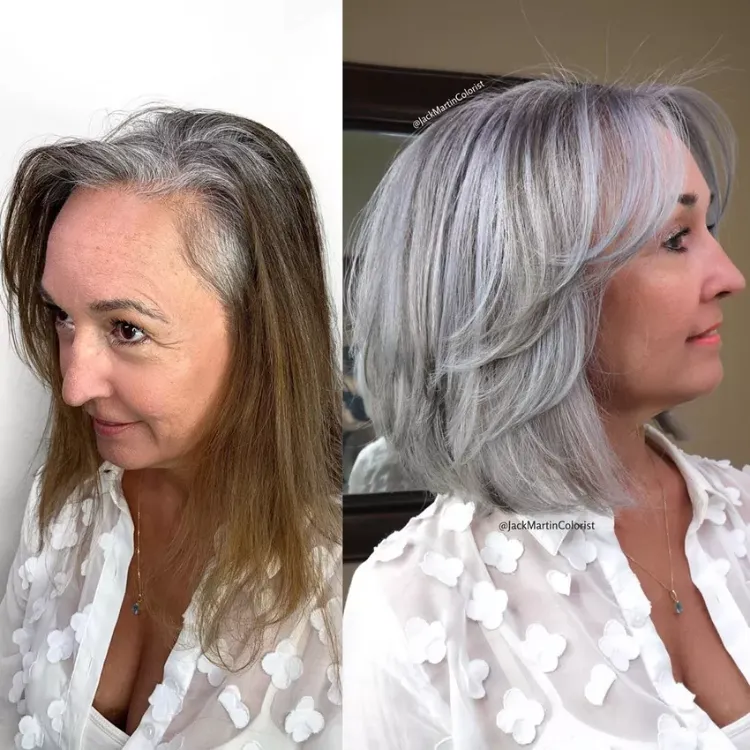quelle frange pour cheveux ondulés bouclés carré court avec frange rideau coloration balayage sur cheveux gris blancs femme 50 snd
