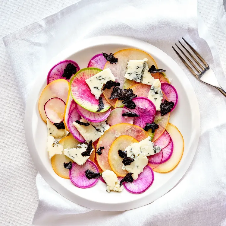 recette salade hiver composée radis poires fromage bleu nori vinaigrette simple