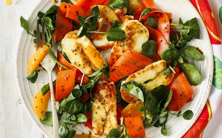 easy winter salad recipe consists of hearty watercress haloumi carrots