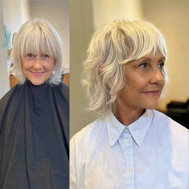 Quel carré après 60 ans femme cheveux blancs gris fins shaggy bob avec frange rideau femme70 ans