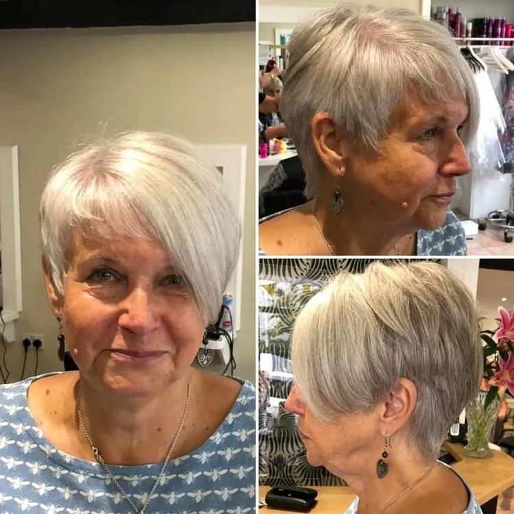 coupe asymétrique pour femme de 60 ans avec cheveux blancs