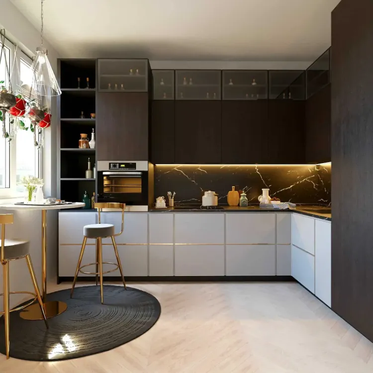 cuisine noir blanc en l longueur fermée avec petit coin repas bar appoint moderne idée aménagement cuisine moderne 2023