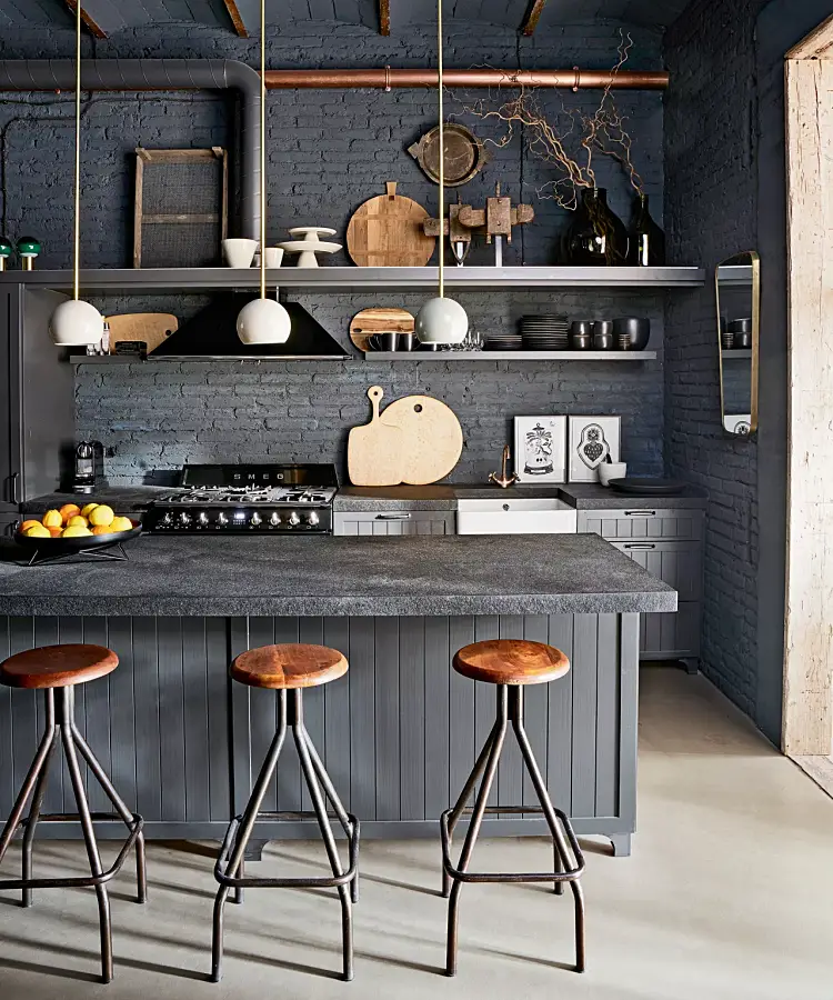 design moderne cuisine ilot bois metal beton gris cuivre vintage