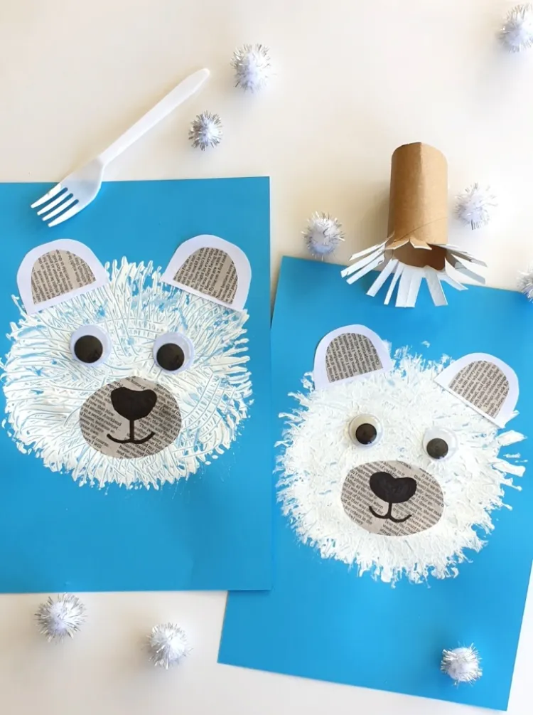 dessin ours polaire maternelle peinture blanche rouleau papier toilette fourchette