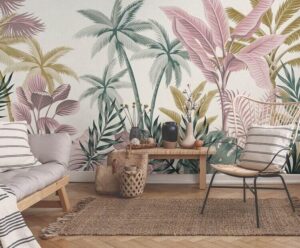 papier peint panoramique jungle plantes tropicales pastel salon tendance 2023