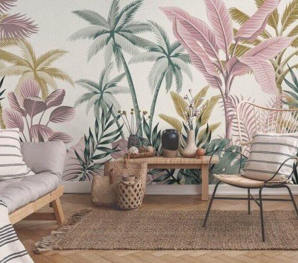 papier peint panoramique jungle plantes tropicales pastel salon tendance 2023