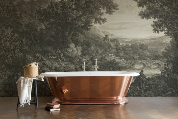 papier peint panoramique tendance 2023 dans salle de bains avec baignoire ilot