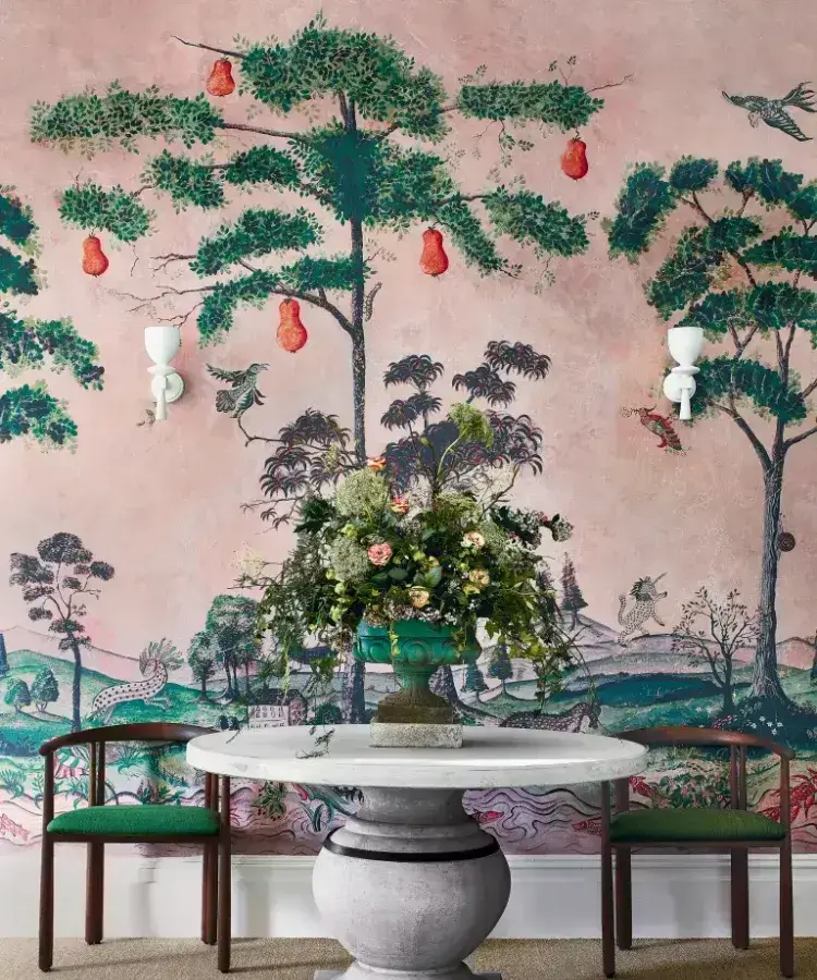 papier peint panoramique tendance chinoiserie meubles salle à manger design