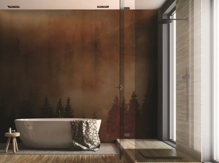 papier peint panoramique tendance effet rouille salle de bains avec baignoire ilot
