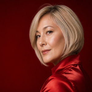 Carré court femme 50 ans, coupe rajeunissante blonde, blazer rouge, regard élégant