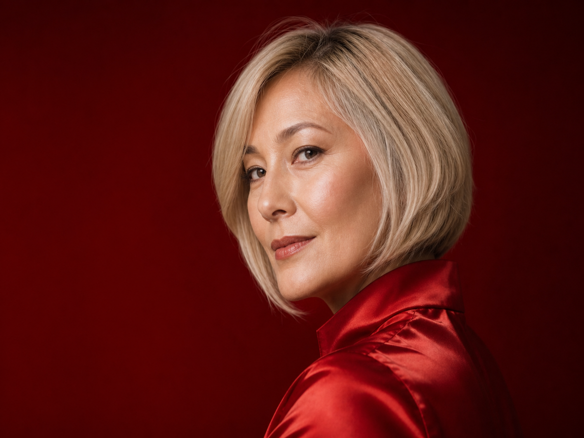 Carré court femme 50 ans, coupe rajeunissante blonde, blazer rouge, regard élégant
