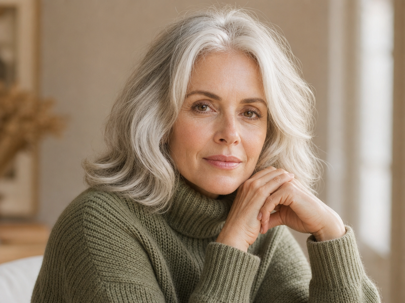 tendance coupe au carré femme 50 60 ans cheveux blancs carré plongeant dégradé frange longue sur le côté pour rajeunir visage booster cheveux fins