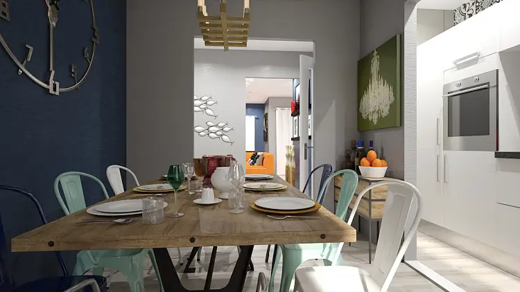 salon salle à manger sans fenetres bleu blanc vert murs couleurs
