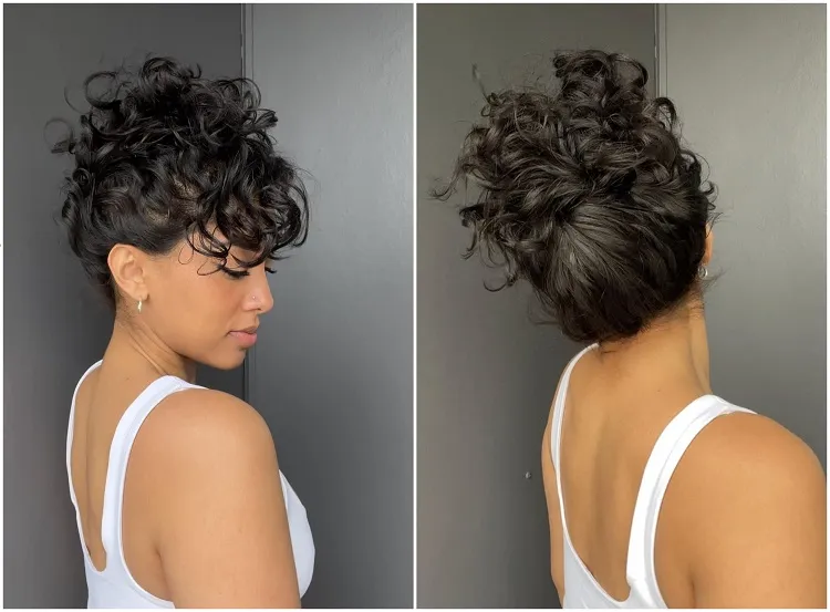 chignon messy bun tuto idée coiffure cheveux bouclés mi long femme printemps 2023