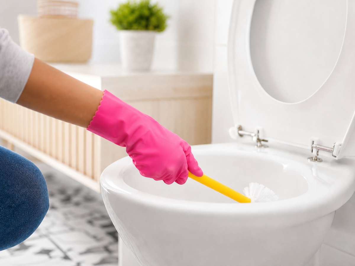 Gant rose nettoie la cuvette des WC avec une brosse pour éliminer le tartre et le calcaire