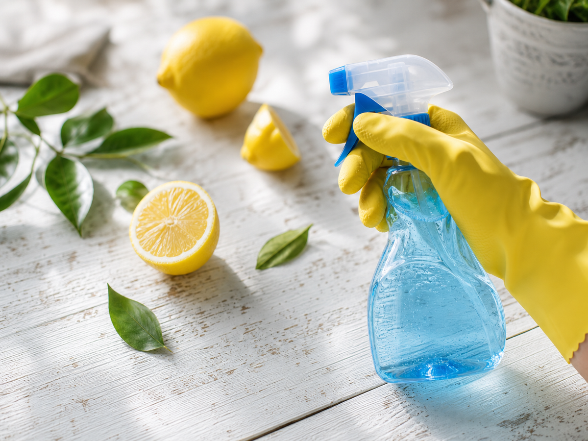 Citrons frais et spray nettoyant pour illustrer l'utilisation de l'acide citrique comme produit ménager