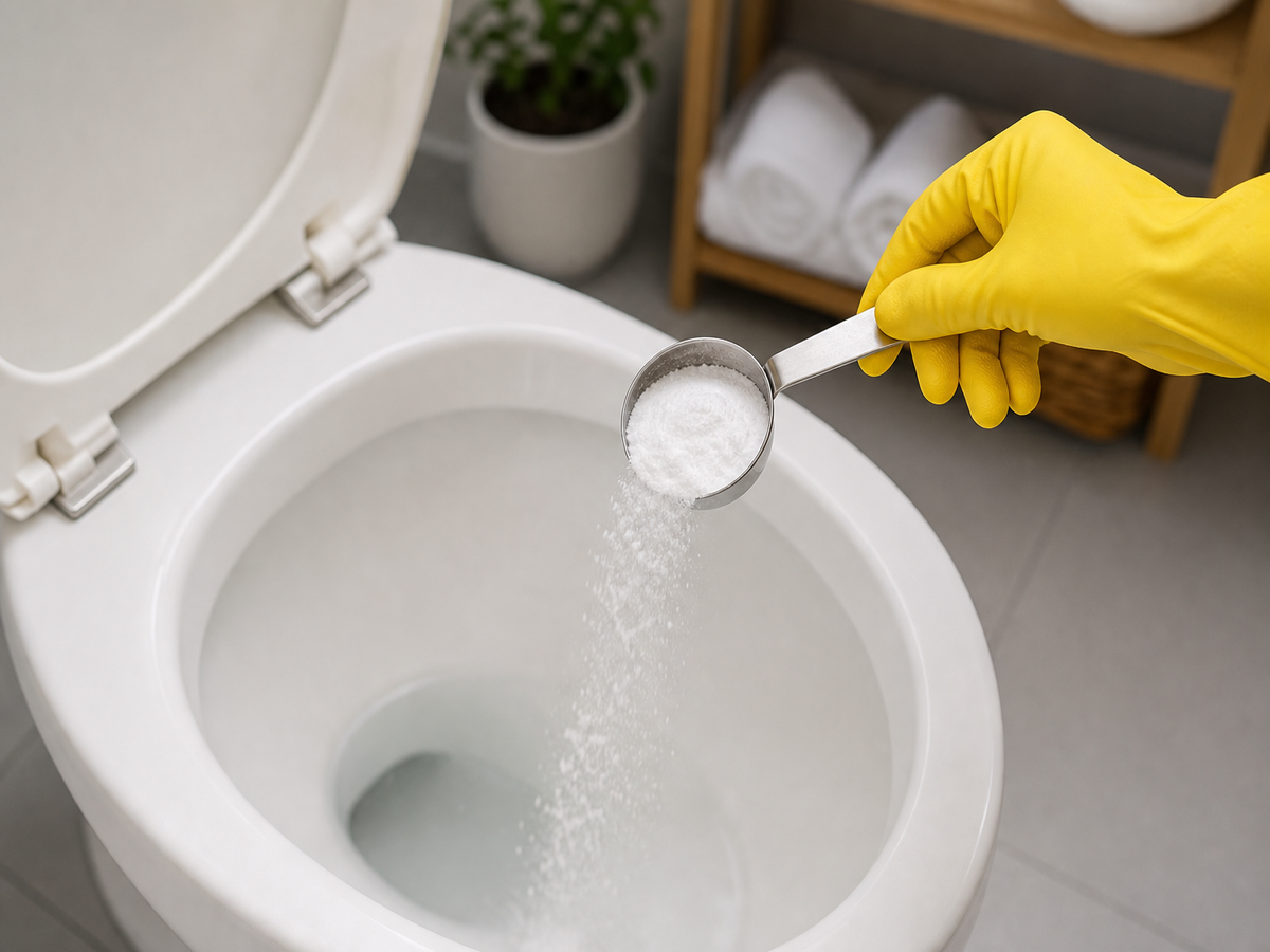 Cuillère de poudre d'acide citrique versée dans la cuvette WC avec gant jaune pour éliminer le tartre