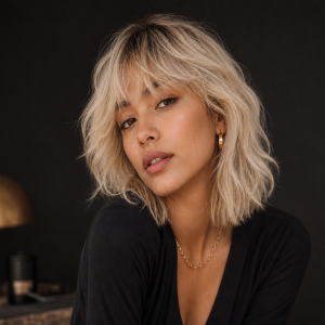 Coupe Wolf Bob platine frange rideau femme portrait éditorial magazine tendance 2023