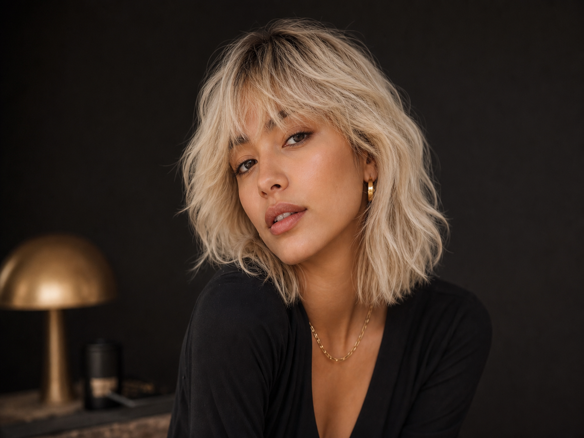 Coupe Wolf Bob platine frange rideau femme portrait éditorial magazine tendance 2023